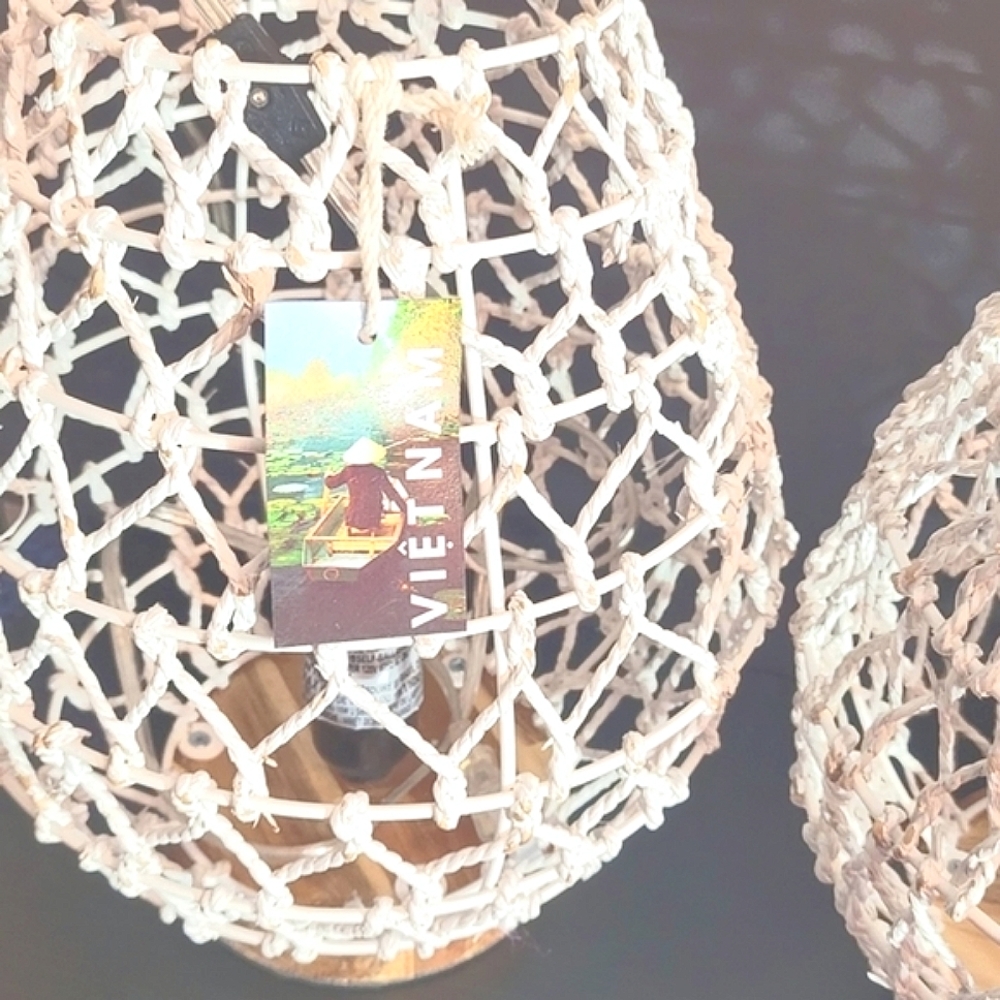 SET OF 2 OFF WHITE "VIETNAM" HANDWOVEN RATTAN BASKET & WOOD TABLE LAMPS - Picture 2 of 5